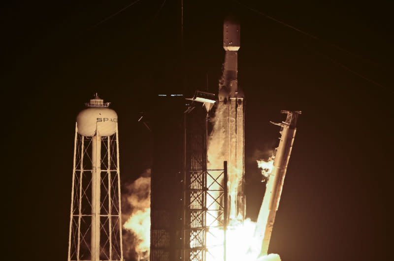 A SpaceX Falcon Heavy rocket launches the Jupiter 3/Echostar 24 communications satellite for the Hughes Network System at 11:04 PM from Launch Complex 39A at the Kennedy Space Center, Florida, on Friday. Photo by Joe Marino/UPI