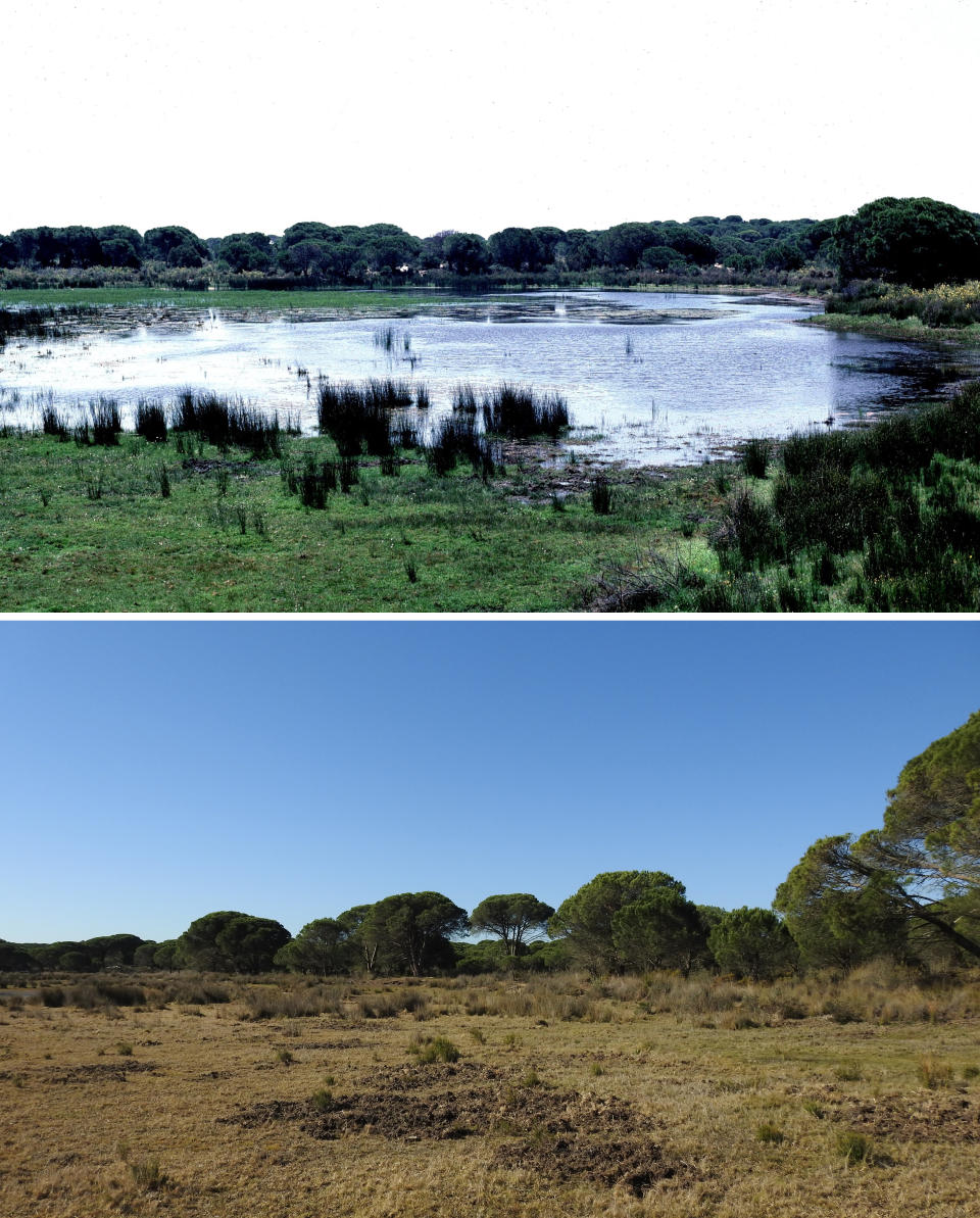 Spanien, Nationalpark Doñana: Die Lagune El Zahillo im Jahr 1989 (oben) und  im Jahr 2019.