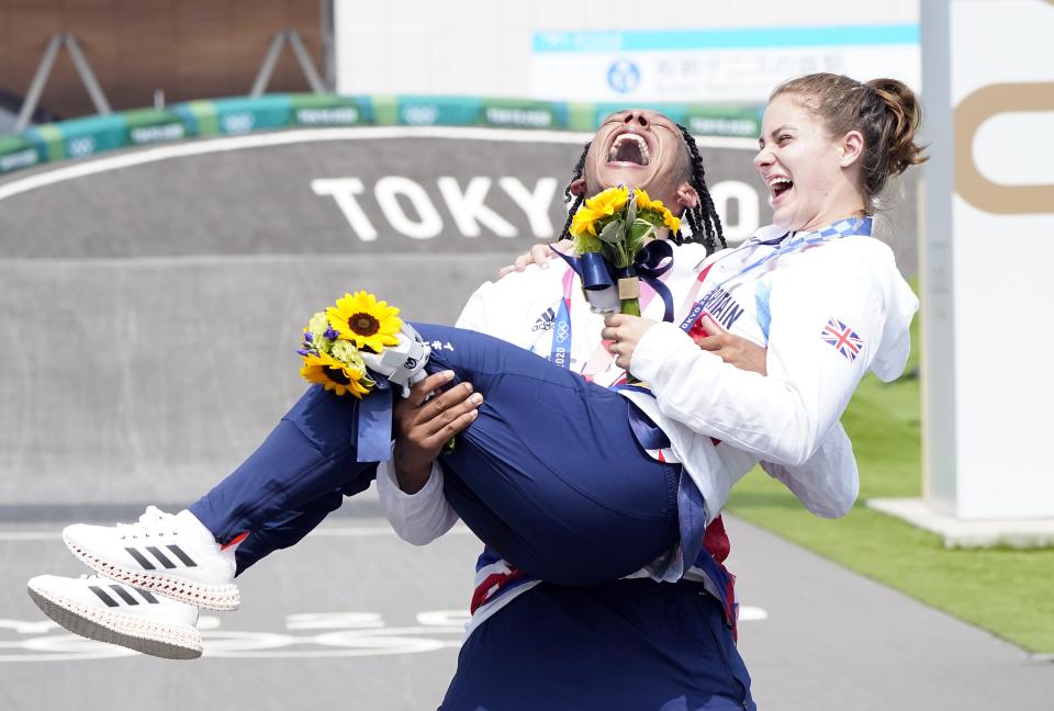 Great Britain’s Beth Shriever and Kye Whyte celebrate their gold and silver BMX medals (Danny Lawson/PA) (PA Wire)