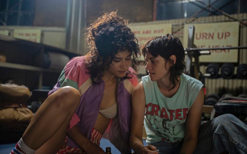 Katy O'Brian, left, and Kristen Stewart in a scene from Love Lies Bleeding