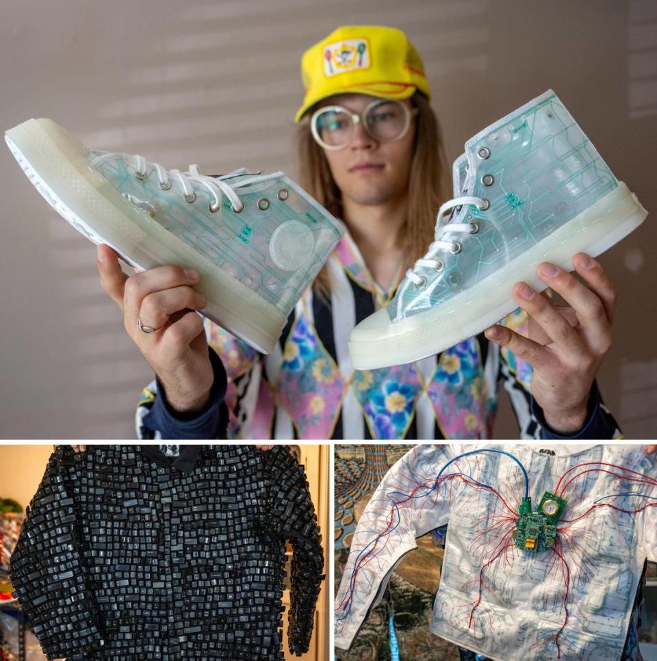 TOP: Converse asked Johnson to create a pair of sneakers so he used computer circuit boards in the design. BOTTOM LEFT: Johnson turned old computer keyboards his dad’s office was disposing of into a suit covered in the keys from the keyboards. BOTTOM RIGHT: “Circulatory Jacket” is another one of Johnson’s creations made with computer circuitry.