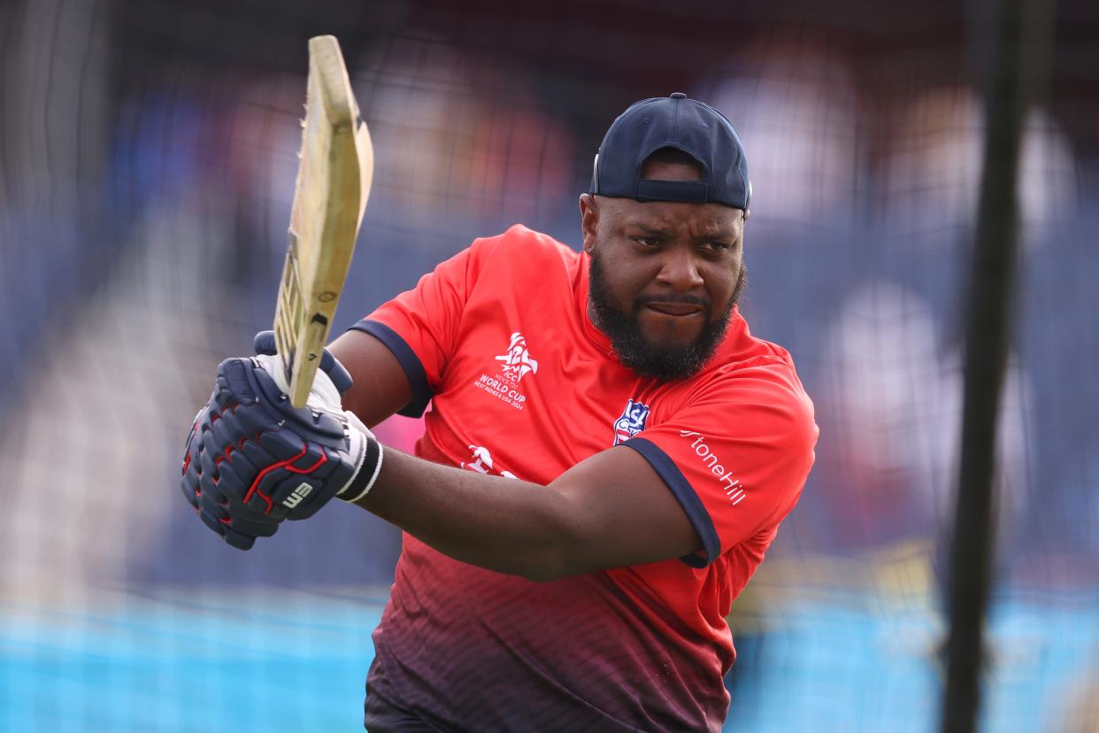 DALLAS, TEXAS - JUNE 01: Steven Taylor of USA warms up prior to the ICC Men's T20 Cricket World Cup West Indies & USA 2024 match between USA and Canada at Grand Prairie Cricket Stadium on June 01, 2024 in Dallas, Texas. (Photo by Robert Cianflone/Getty Images)