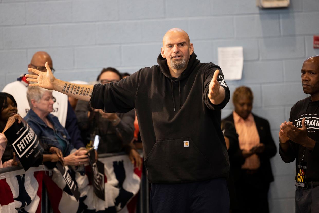 FILE—Pennsylvania Lt. Gov. John Fetterman, a Democratic candidate for U.S. Senate, meets with supporters as he leaves his event in Philadelphia, in this file photo from Sept. 24, 2022.