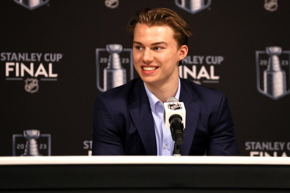 LAS VEGAS, NEVADA - JUNE 05: Top prospect Connor Bedard speaks to the media prior to Game Two of the 2023 NHL Stanley Cup Final between the Florida Panthers and the Vegas Golden Knights  at T-Mobile Arena on June 05, 2023 in Las Vegas, Nevada. (Photo by Bruce Bennett/Getty Images)