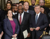 FILE - In this Dec. 3, 2018, file photo, from left, Supreme court Associate Justices Elena Kagan, Clarence Thomas, Samuel Alito and Chief Justice John Roberts arrive for services for former President George H.W. Bush at the U.S. Capitol in Washington. Thomas is now the longest-serving member of a court that has recently gotten more conservative, putting him in a unique and potentially powerful position, and he’s said he isn’t going away anytime soon. With President Donald Trump’s nominees Neil Gorsuch and Brett Kavanaugh now on the court, conservatives are firmly in control as the justices take on divisive issues such as abortion, gun control and LGBT rights. (AP Photo/Pablo Martinez Monsivais, File)