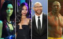 Für ihre Rollen in den beiden "Guardians of the Galaxy"-Filmen (2014, 2017) saßen Zoë Saldana und Dave Bautista jeden Tag verdammt lange in der Maske, damit aus dem zierlichen "Star Trek"-Star die grünhäutige Killerin Gamora und aus dem Hünen der ganzkörpertättowierte "Zerstörer" Drax wurde. (Bild: Ian Gavan/Michele Tantussi/Getty Images/Marvel/Disney)