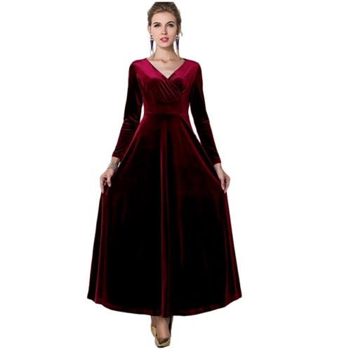 In Wine Red, the Urban CoCo Women Long Sleeve V-Neck Velvet Dress is super rich and luxe.(Photo: Amazon)