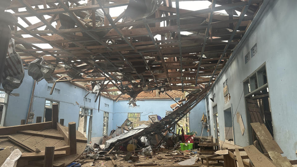 This undated photo released by the Free Burma Rangers, shows a monastery in Papun, Karen state, Myanmar after the monastery sheltering civilians displaced by fighting in the town was attacked on March 31, 2024 by a regime warplane. (Free Burma Rangers via AP)