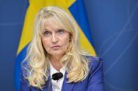 Sweden's Security Police Chief Charlotte von Essen speaks during a news conference in Stockholm, Sweden, Thursday, Aug. 17, 2023. Sweden raised its terrorism alert level on Thursday one notch to the second-highest, following a recent string of public desecrations of the Quran in the Scandinavian country by a handful of anti-Islam activists, sparking angry demonstrations across Muslim countries. (Henrik Montgomery/TT News Agency via AP)