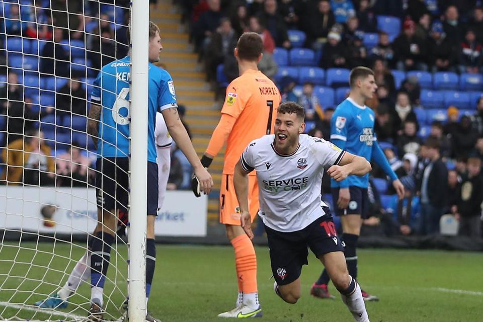 Dion Charles celebrates one of his three goals against Peterborough United last season <i>(Image: Camerasport)</i>