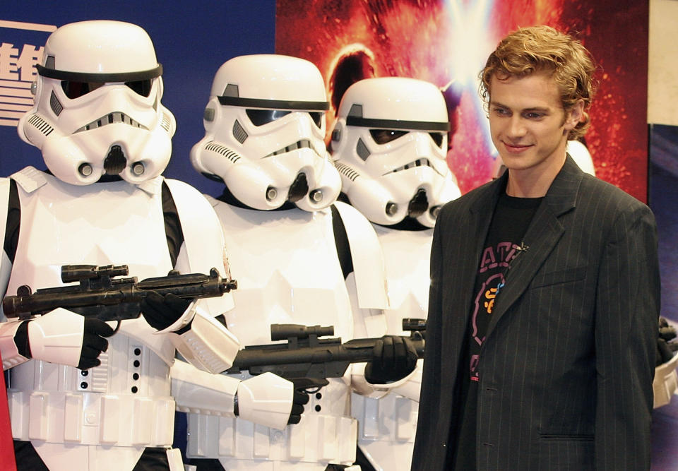 TOKYO, JAPAN - JULY 6:  Actor Hayden Christensen stands in front of stormtroopers during a photocall to promote the film 