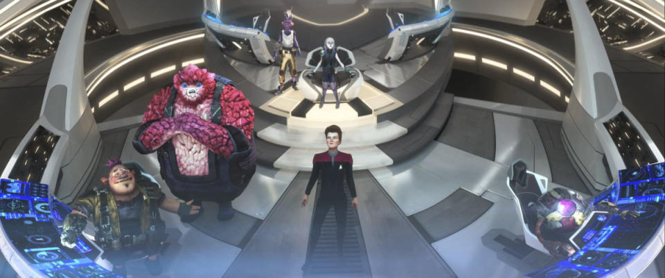 STAR TREK: PRODIGY: Ep#106 --  Jason Mantzoukas as Jankom Pog, Rylee Alazraqui as Rok-Tahk, Brett Gray as Dal, Ella Purnell as Gwyn Kate Mulgrew as Janeway, and Angus Imrie as Zero in STAR TREK: PRODIGY streaming on Paramount+  Photo: Nickelodeon/Paramount+ Â©2021 VIACOM INTERNATIONAL. All Rights Reserved.