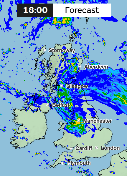 Rainfall forecast for 6pm on Saturday. (Met Office)