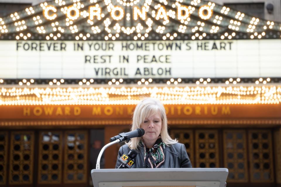 Amy Ott the President of Boylan Catholic High School talks about the impact Virgil Abloh had on the school and students on Wednesday, Dec. 1, 2021, at the Coronado Performing Arts Center.