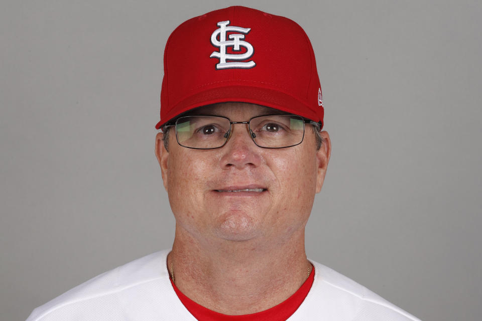 FILE - This is a 2020 photo of Mike Shildt of the St. Louis Cardinals baseball team. The Cardinals fired former National League manager of the year Mike Shildt over organizational differences Thursday, Oct. 14, 2021, just one week after St. Louis lost to the Los Angeles Dodgers on a walk-off homer in the wild-card game. (AP Photo/Jeff Roberson, File)