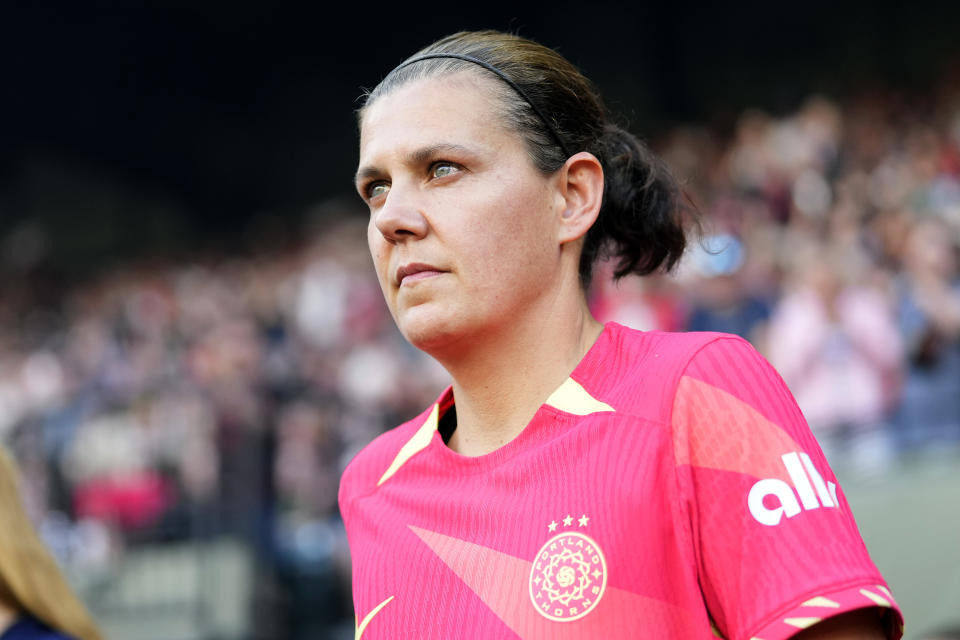 PORTLAND, OREGON - MAY 11: Christine Sinclair #12 of the Portland Thorns walks onto the pitch prior to the game against Seattle Reign FC at Providence Park on May 11, 2024 in Portland, Oregon. (Photo by Soobum Im/Getty Images)