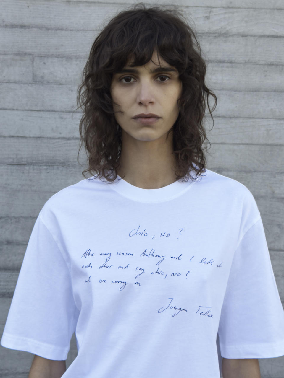 A T-shirt featuring a note from Teller on his work with Vaccarello, included in the collaboration between the photographer and Saint Laurent.