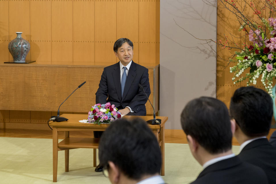In this Feb. 21, 2019, photo provided by the Imperial Household Agency of Japan, Japan's Crown Prince Naruhito speaks to journalists during his press conference at his residence Togu Palace in Tokyo. Naruhito celebrates his 59th birthday on Saturday, Feb. 23, 2019. (Imperial Household Agency of Japan via AP)