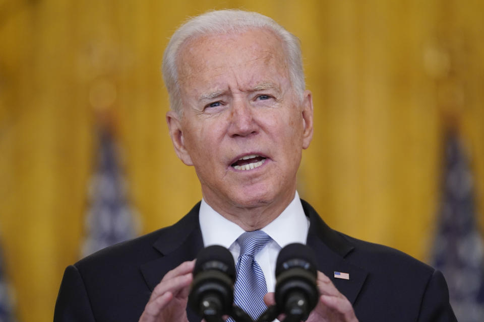 President Joe Biden speaks about Afghanistan from the East Room of the White House, Monday, Aug. 16, 2021, in Washington. (AP Photo/Evan Vucci)