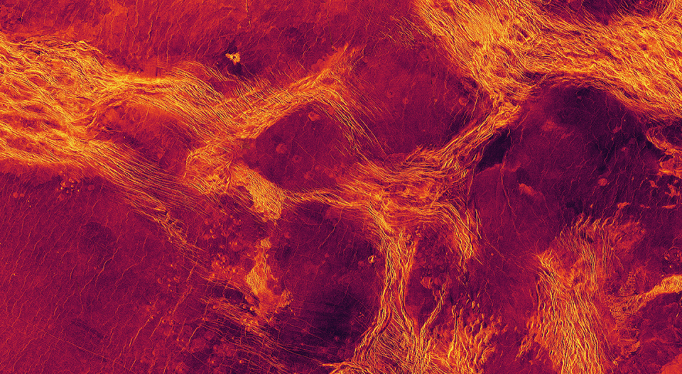 <span class="caption">New research suggests that Venus' crust is broken into large blocks – the dark reddish–purple areas – that are surrounded by belts of tectonic structures shown in lighter yellow–red. </span> <span class="attribution"><a class="link " href="https://astrogeology.usgs.gov/search/map/Venus/Magellan/Venus_Magellan_LeftLook_mosaic_global_75m" rel="nofollow noopener" target="_blank" data-ylk="slk:Paul K. Byrne/NASA/USGS;elm:context_link;itc:0;sec:content-canvas">Paul K. Byrne/NASA/USGS</a>, <a class="link " href="http://creativecommons.org/licenses/by-nd/4.0/" rel="nofollow noopener" target="_blank" data-ylk="slk:CC BY-ND;elm:context_link;itc:0;sec:content-canvas">CC BY-ND</a></span>