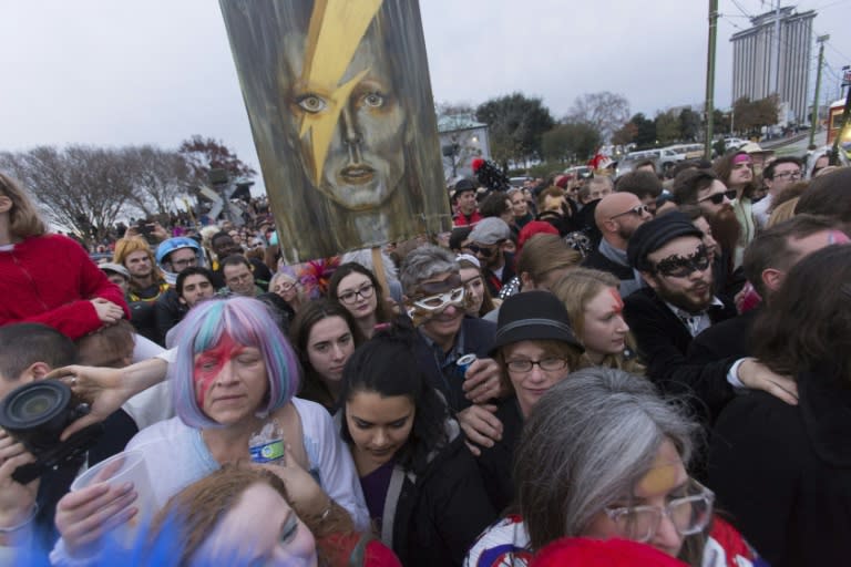 A second line honoring David Bowie parades through the French Quarter on January 16, 2016 in New Orleans, Louisiana