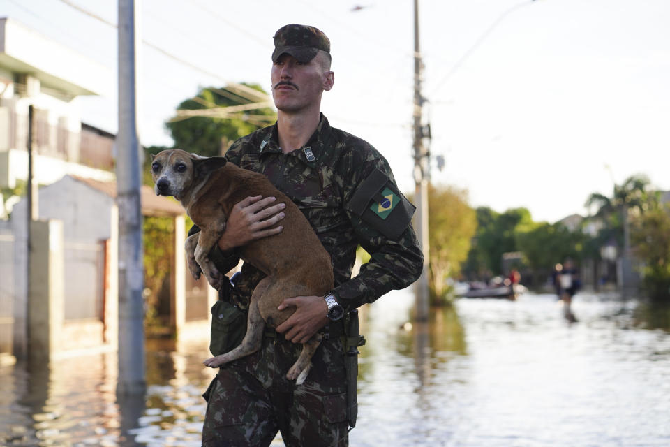 Un soldado rescata a un perro de una zona inundada después de fuertes lluvias, el jueves 9 de mayo de 2024, en Canoas, en el estado de Río Grande del Sur, Brasil. (AP Foto/Carlos Macedo)