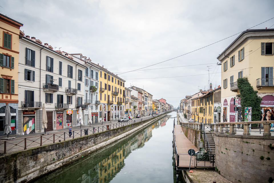 Closed shops and few people on the street along the Naviglio Grande in Italy as it is closed amid the coronavirus. Source: AAP