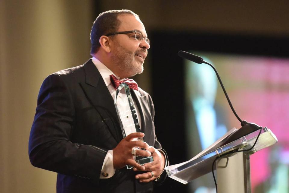 Warren Steele gives his acceptance speech after receiving the Jim Buntin Leadership Award during the Muscogee Educational Excellence Foundation gala May 9, 2024, in the Columbus Convention & Trade Center.