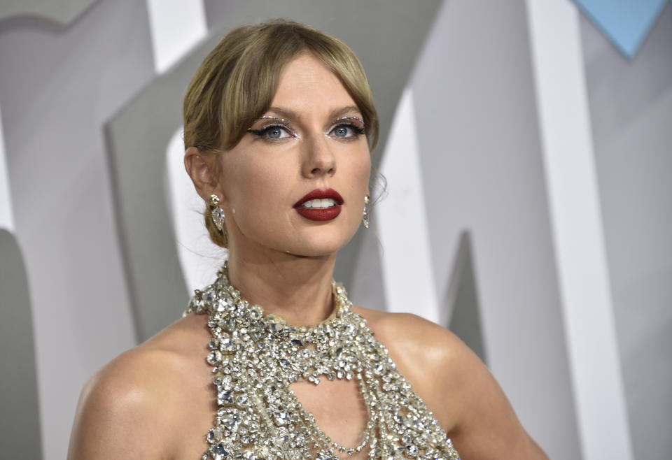 FILE - Taylor Swift arrives at the MTV Video Music Awards on Sunday, Aug. 28, 2022, in Newark, N.J. The Academy of Motion Picture Arts and Sciences today announced shortlists in 10 categories for the 95th Academy Awards, including Taylor Swift for the category of best original song for "Carolina" from "Where The Crawdads Sing." (Photo by Evan Agostini/Invision/AP, File)