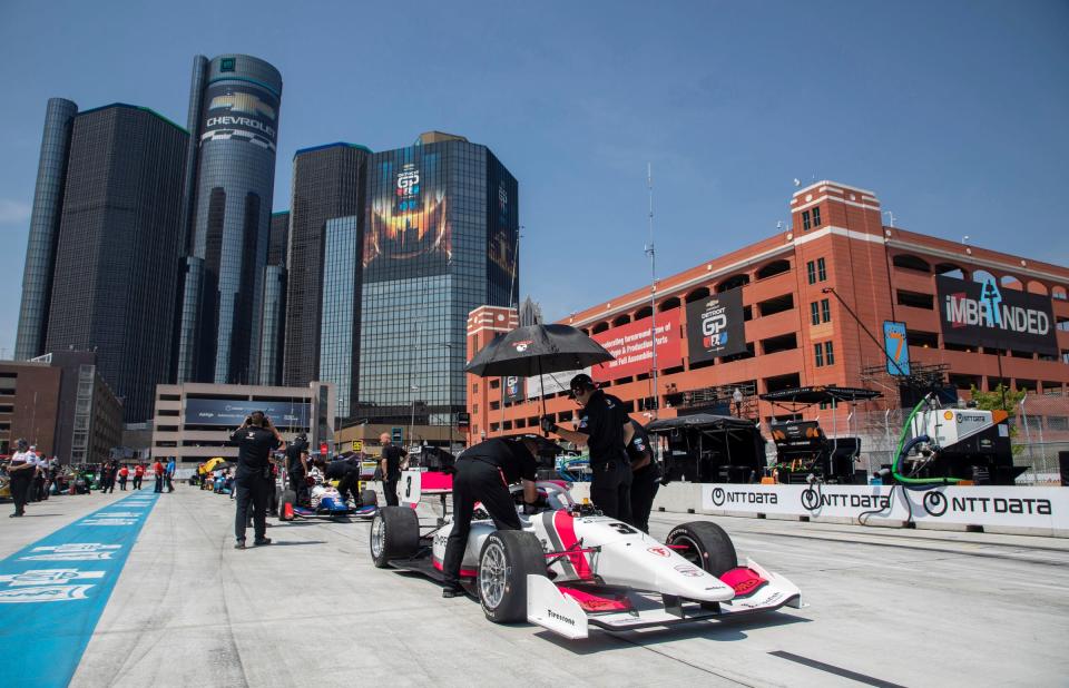 Drivers prepare for the Indy NXT by Firestone race one at the Detroit Grand Prix in downtown Detroit on Saturday, June 3, 2023. 