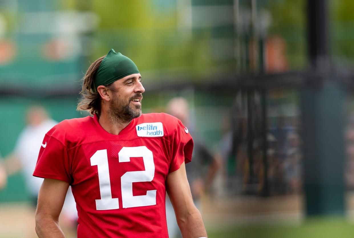 Green Bay Packers quarterback Aaron Rodgers participates in training camp at Ray Nitschke Field, Thursday, Aug. 5, 2021, in Green Bay.