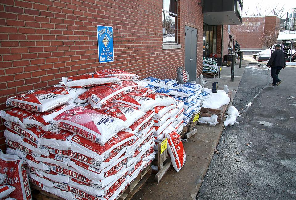 There were plenty of bags of salt stacked outside Farm and Home Hardware in Ashland on Tuesday, Feb. 1, 2022. TOM E. PUSKAR/TIMES-GAZETTE.COM