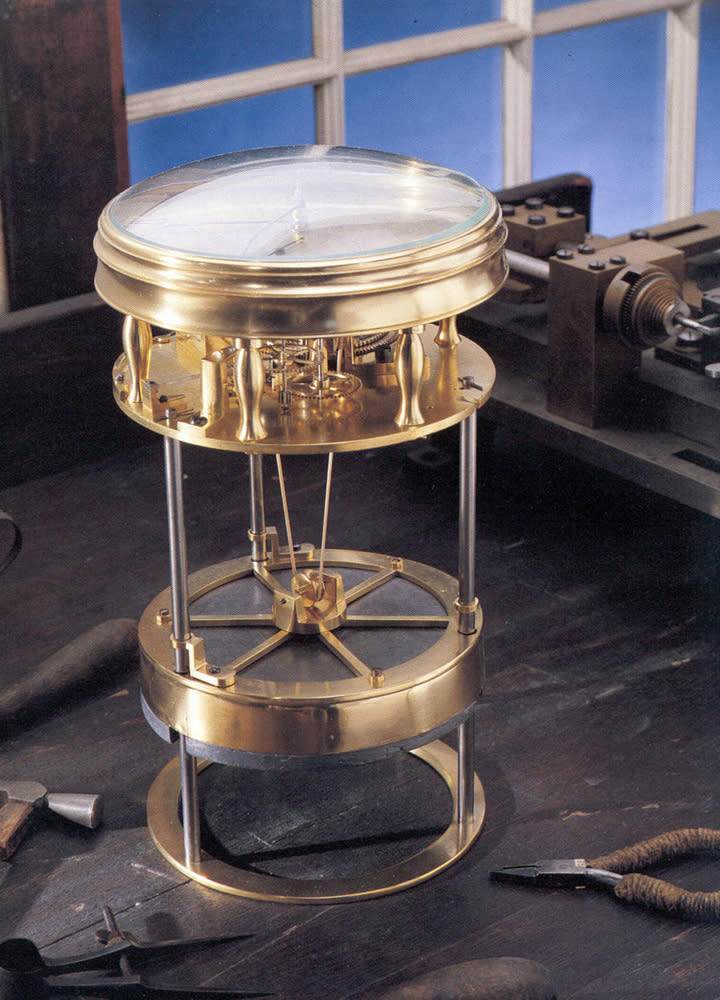 This undated handout provided by the Smithsonian shows a timekeeper that was the first American-made marine timekeeper taken to sea. William Cranch Bond, a 23-year-old Boston clockmaker, crafted it during the War of 1812. In the age of hand-held GPS devices, navigating by the stars may seem quaint and irrelevant. So it may come as a surprise that it took hundreds of years to develop the tools needed to find our way across oceans, through the air and into deep space. On Friday, the Smithsonian's National Air and Space Museum is opening its first major exhibition: “Time and Navigation: The Untold Story of Getting from Here to There.” It shows the evolution of marine, air and space navigation, as well as a glimpse of the future with one of the first robotic-driven cars. (AP Photo/Smithsonian)