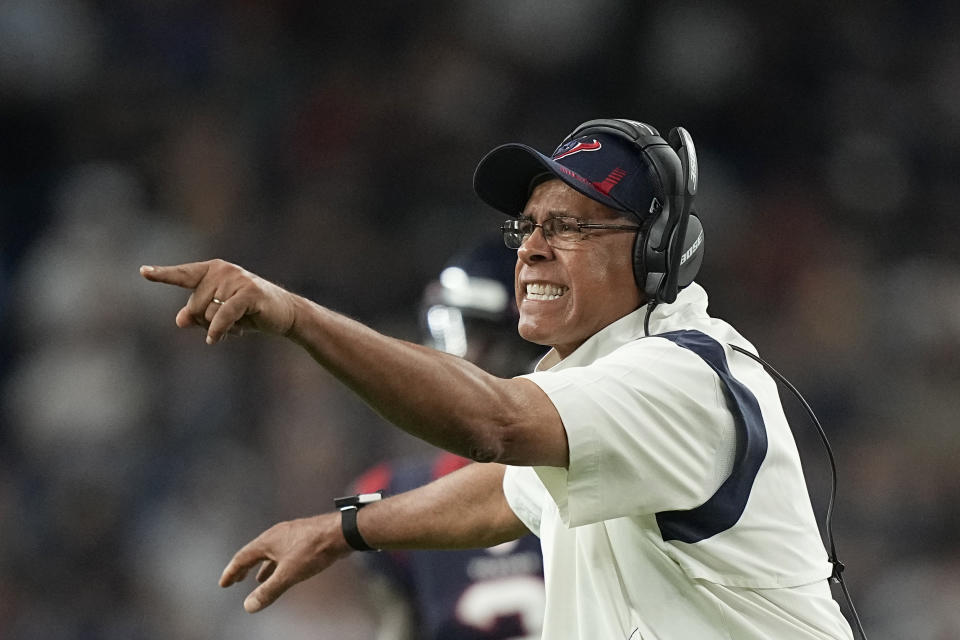 Houston Texans coach David Culley yells to his players during the first half of an NFL football game against the Carolina Panthers Thursday, Sept. 23, 2021, in Houston. (AP Photo/Eric Christian Smith)