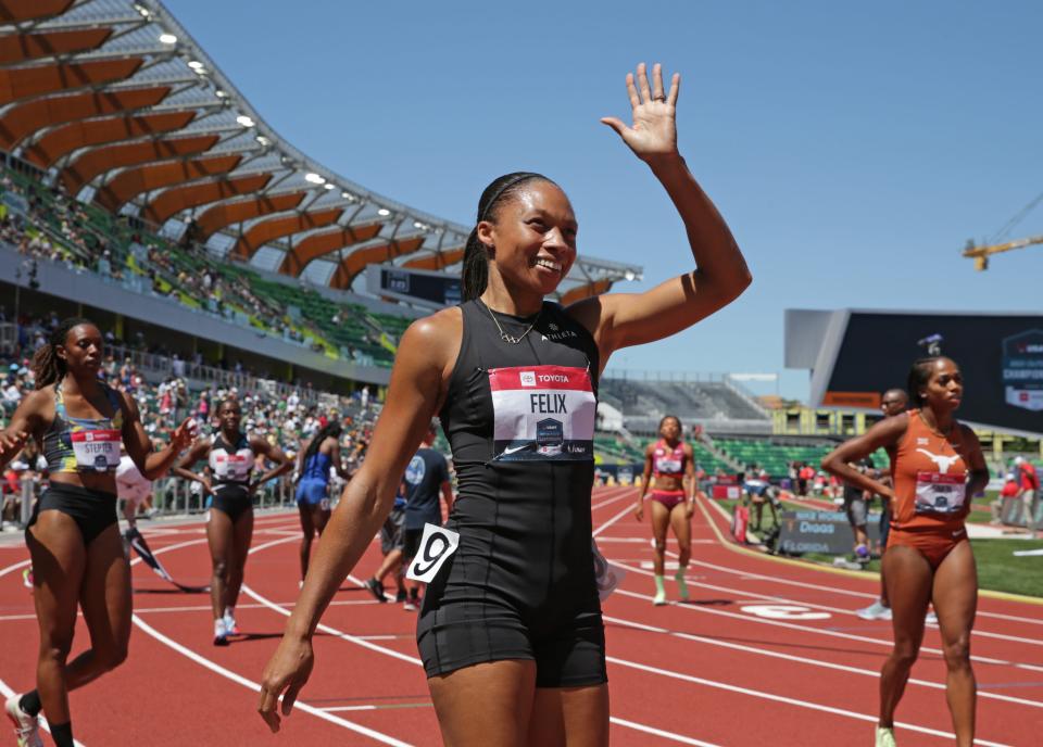 Allyson Felix waves to the crowd after the 400 meter final Saturday at the USA Track and Field Championships.