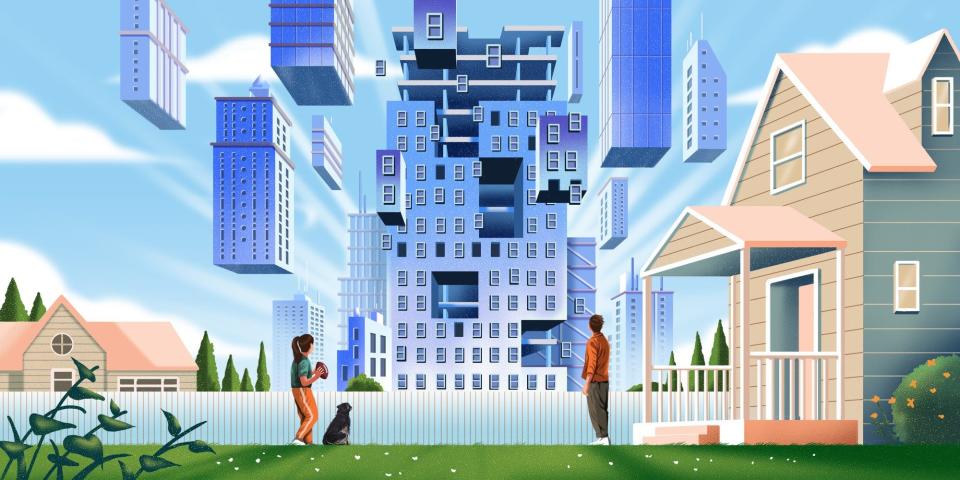 digital illustration of people watching buildings falling into place in a city