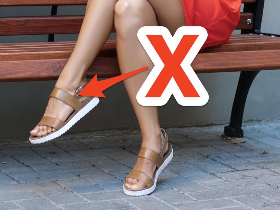 red x and arrow pointing at woman sitting on a bench wearing brown sandals