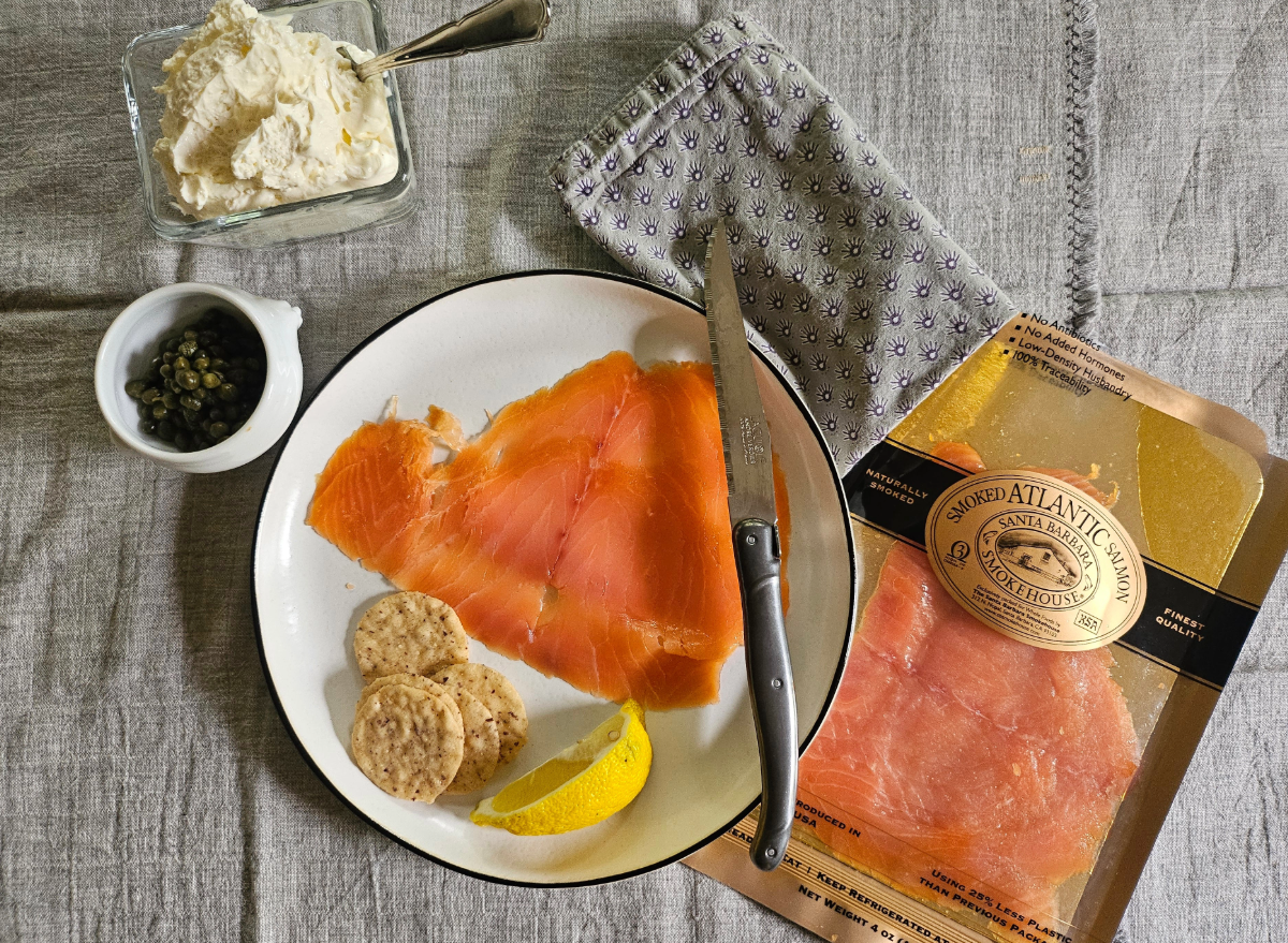 santa barbara smoked salmon on a plate with the fixings 