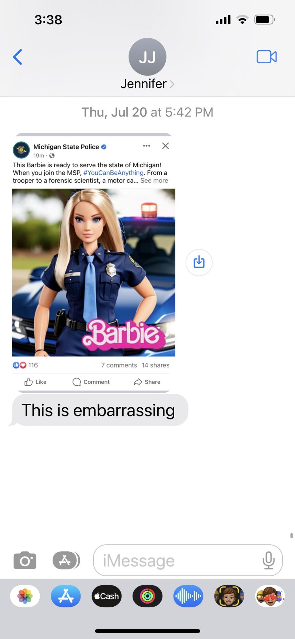 Shortly after the Michigan State Police posted to social media a meme of Barbie as an MSP trooper, a female captain texted the image to one of her supervisors, with the words: "This is embarrassing."