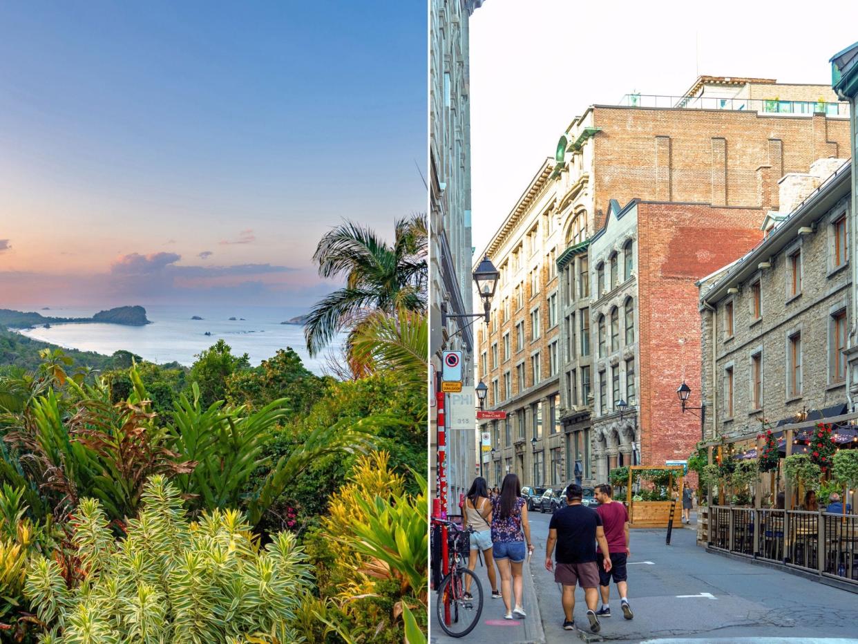 Left: Vibrant Sunrise over Manuel Antonio National Park on the Pacific Coast of Costa Rica Right: People walk on a narrow street lined with old buildings in Montreal