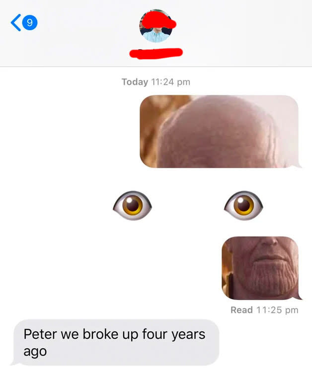 weird text of a person making an emoji thanos with the eyes emoji and it looks strange