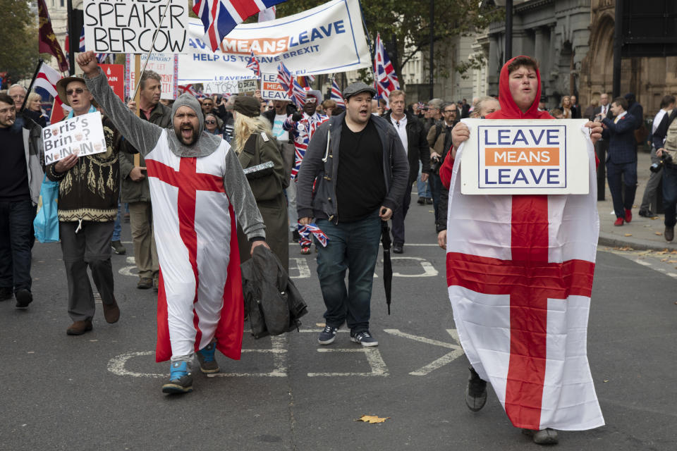 Pro Brexit anti European Union Leave protesters demonstrating in Westminster on what, prior to another Brexit Day extension, would have been the day the UK was scheduled to leave the EU, and instead political parties commence campaigning for a General Election on 31st October 2019 in London, England, United Kingdom. Brexit is the scheduled withdrawal of the United Kingdom from the European Union. Following a June 2016 referendum, in which 51.9% of participating voters voted to leave. (photo by Mike Kemp/In Pictures via Getty Images)