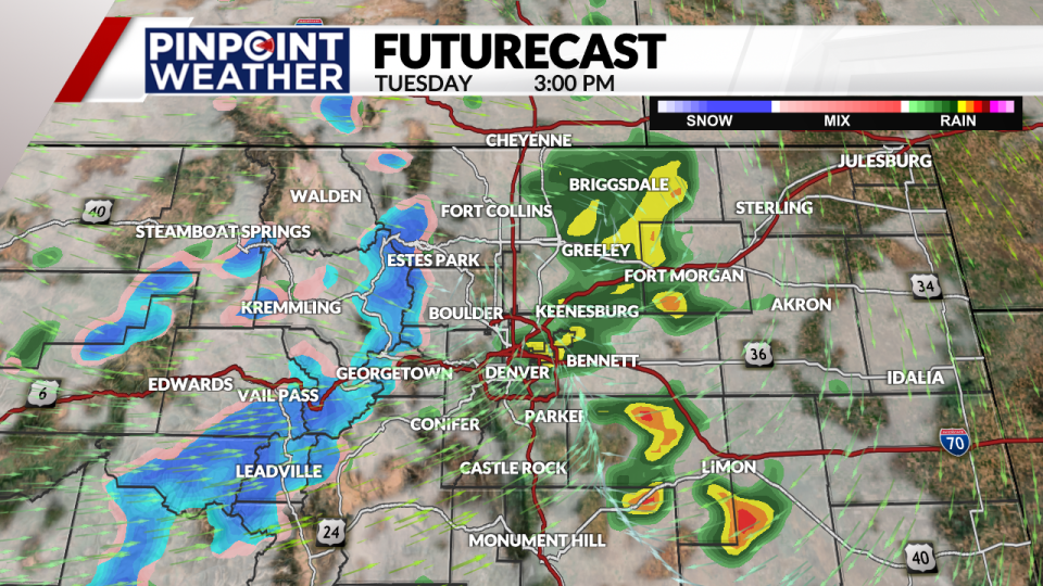 Showers and thunderstorms late on Tuesday along with mountain snow