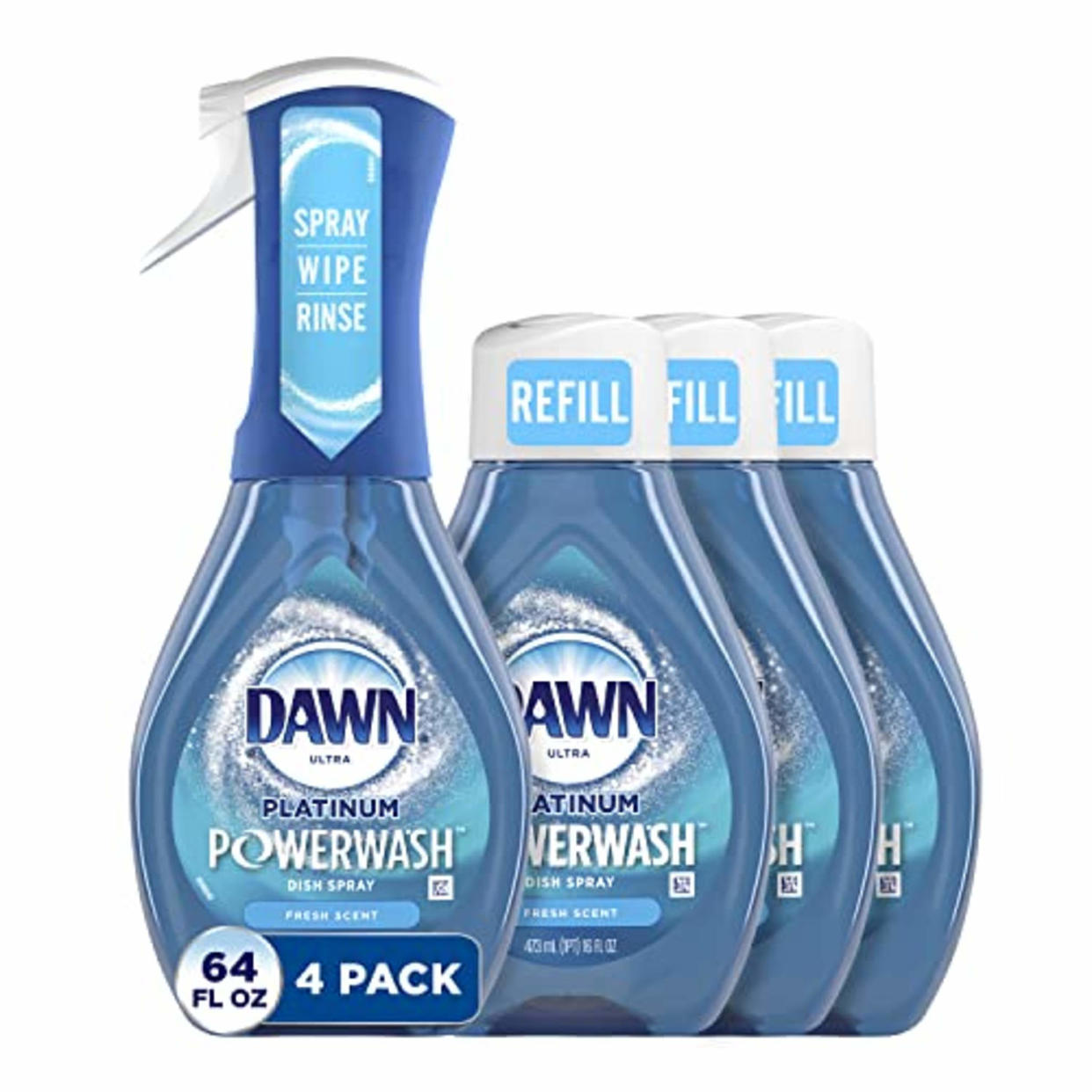 Dawn Platinum Powerwash Dish Spray, Dish Soap, Fresh Scent Bundle, 1 Spray (16oz) + 3 Refills (16oz each)(Pack of 4) (AMAZON)