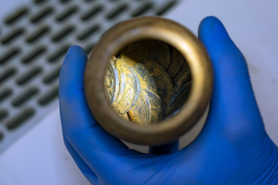 The coins are inspected before being cleaned.  (Yaniv Berman / Israel Antiquities Authority)