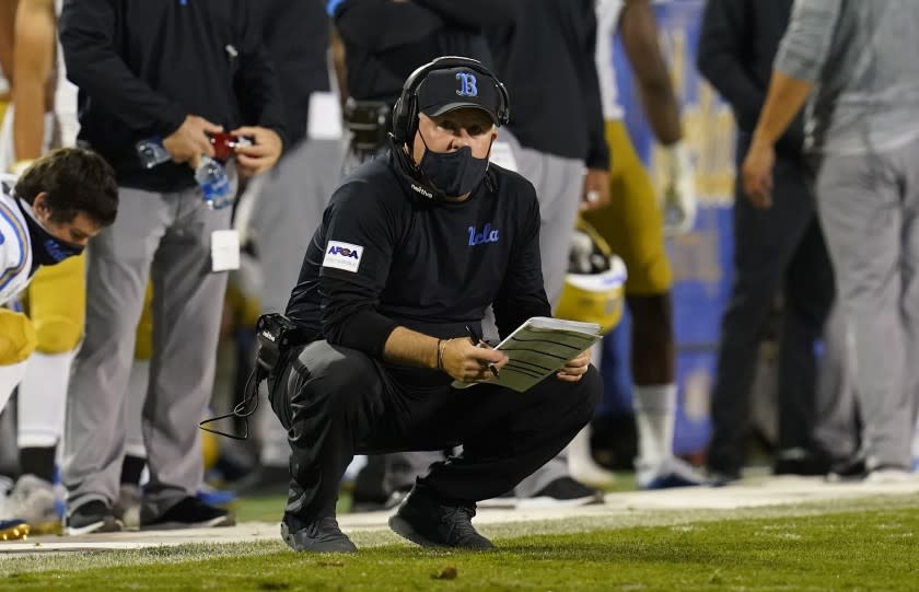 UCLA head coach Chip Kelly in the second half of an NCAA college football game Saturday, Nov. 7, 2020, in Boulder, Colo. Colorado won 48-42. (AP Photo/David Zalubowski)