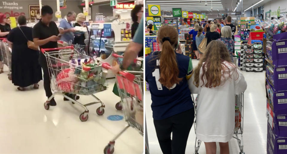 People queuing inside Coles and Woolworths in Brisbane.