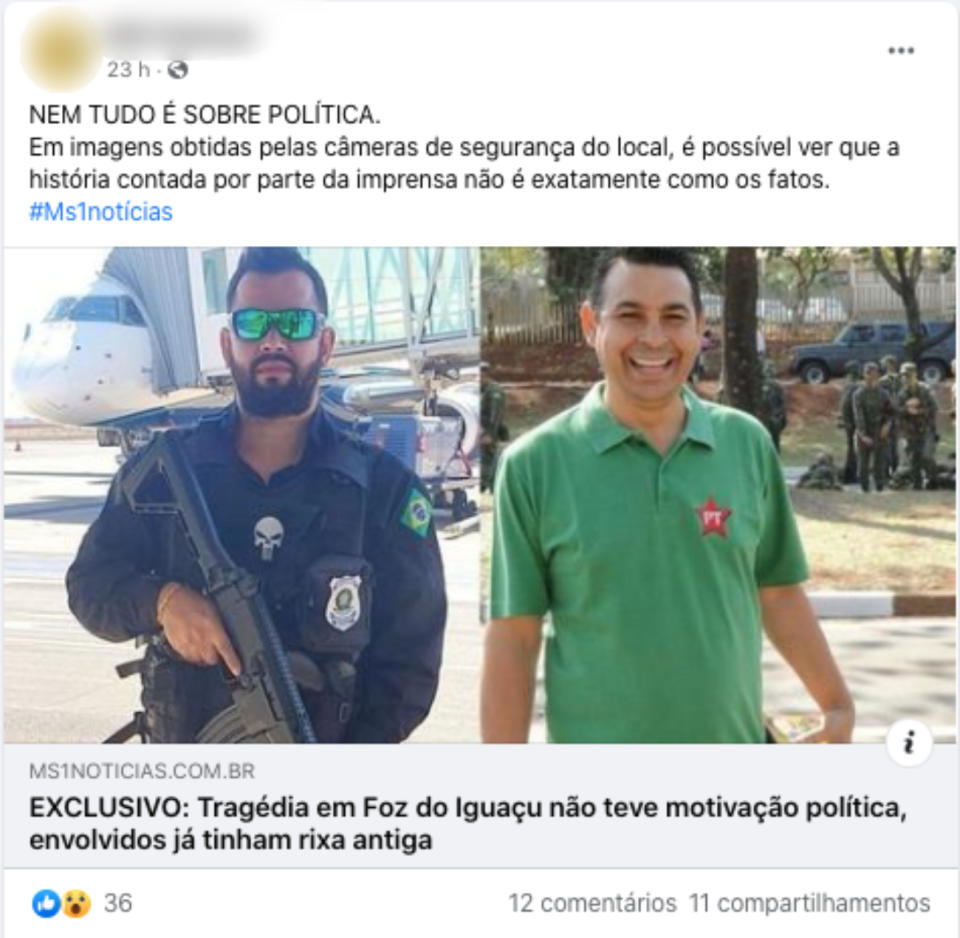 Captura de tela de uma publicação em que se alega que petista assassinado em Foz do Iguaçu e bolsonarista que efetuou os disparos tinham uma rixa antiga (Foto: Facebook / Reprodução)
