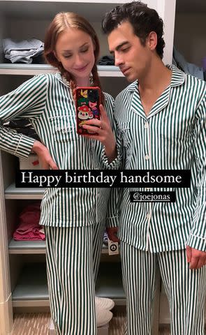 <p>Sophie Turner Instagram</p> Sophie Turner and Joe Jonas in matching pajamas