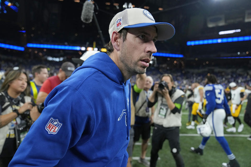 Indianapolis Colts coach Shane Steichen walks on the field following the tema's NFL football game against the Pittsburgh Steelers in Indianapolis on Saturday, Dec. 16, 2023. The Colts won 30-13. (AP Photo/Michael Conroy)